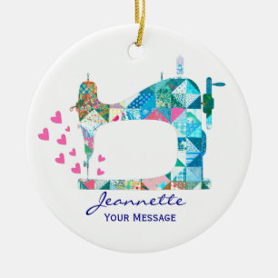Patchwork Quilt Sewing Machine Ceramic Ornament