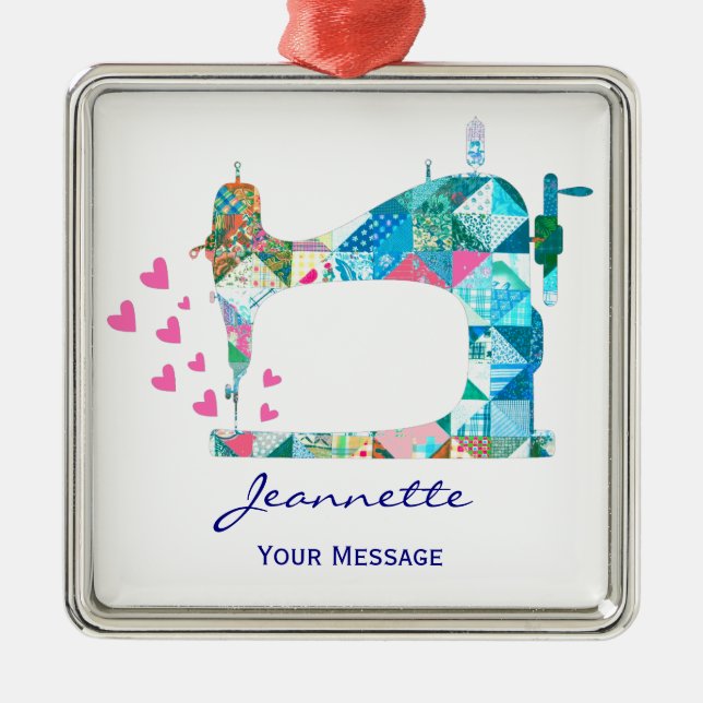 Patchwork Quilt Sewing Machine Metal Ornament (Front)