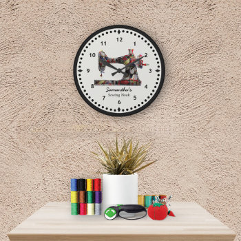 Patchwork Quilt Sewing Machine Wall Clock by ClockORama at Zazzle