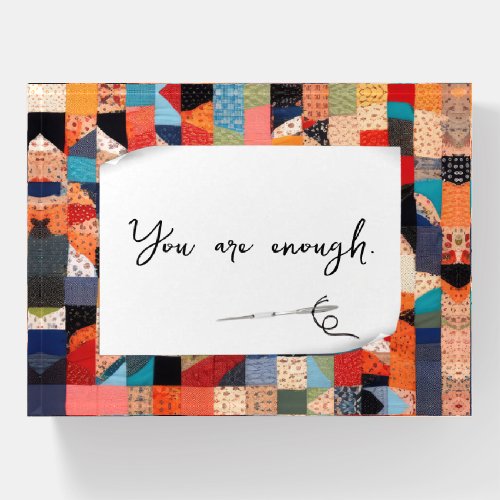 Patchwork Quilt With Quote and Needle Paperweight