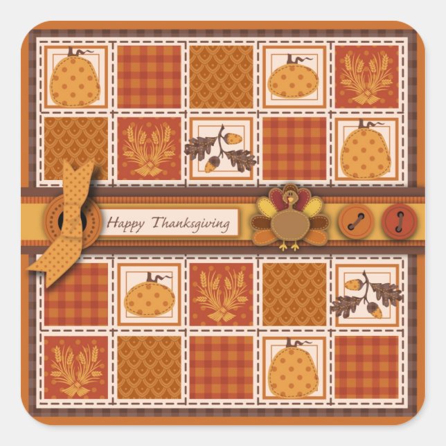 Patchwork Quilted-look Thanksgiving Square Sticker (Front)