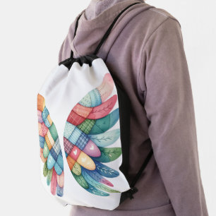 PATCHWORK RAINBOW COLORED ANGEL WINGS DRAWSTRING BAG
