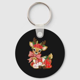 Patchwork Reindeer Preppy Girly Christmas Xmas Hol Keychain