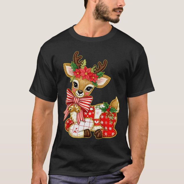 Patchwork Reindeer Preppy Girly Christmas Xmas Hol T-Shirt (Front)