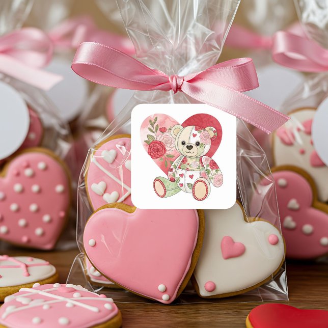 Patchwork Rose Bear with Heart Square Sticker (Creator Uploaded)