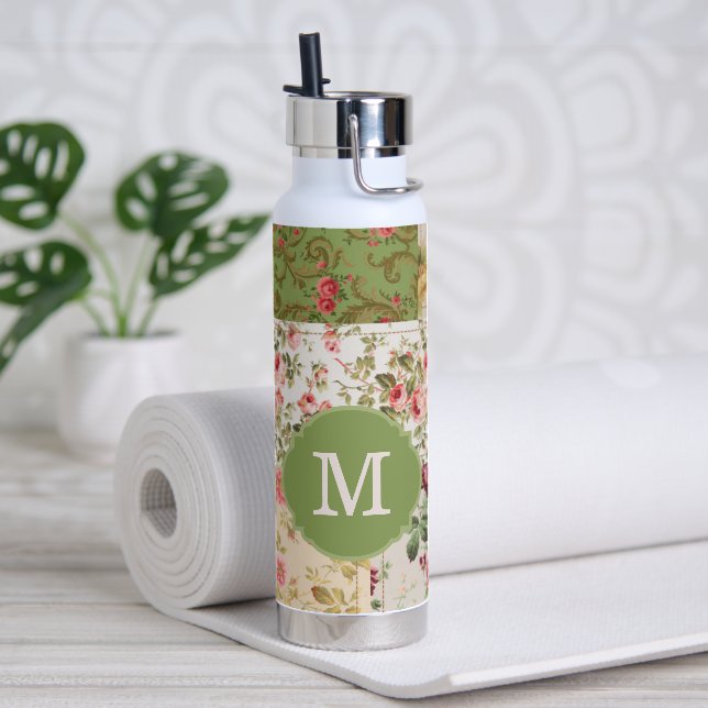 Patchwork Rose Custom Monogram Water Bottle (Yoga)