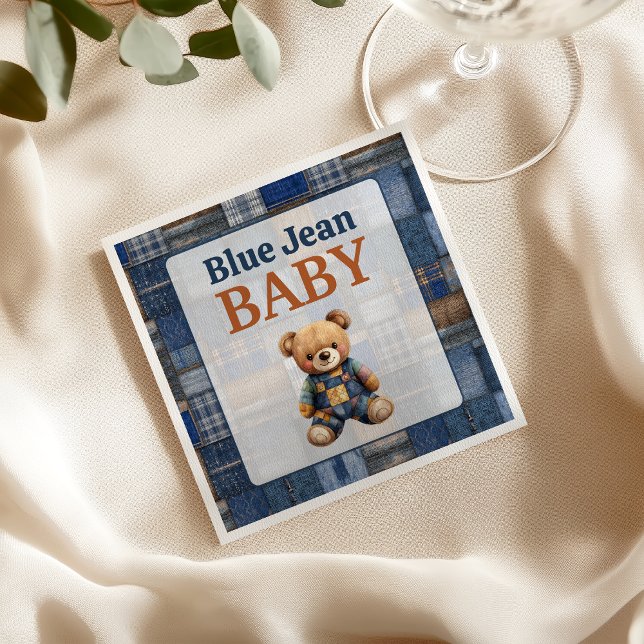 Patchwork Rustic Denim Bear Blue Jean Baby Shower Napkins (Creator Uploaded)
