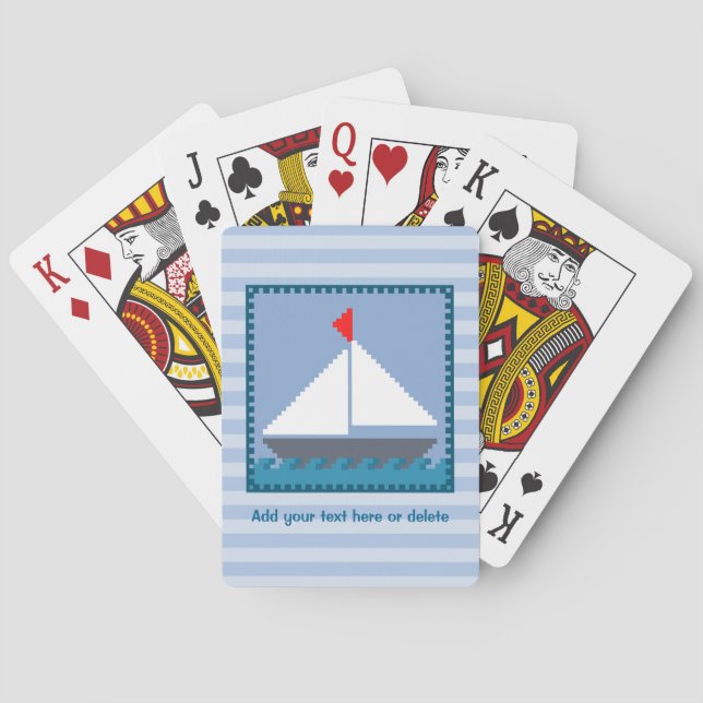 Patchwork Sail Boat In Blue and White Personalized Poker Cards (Back)