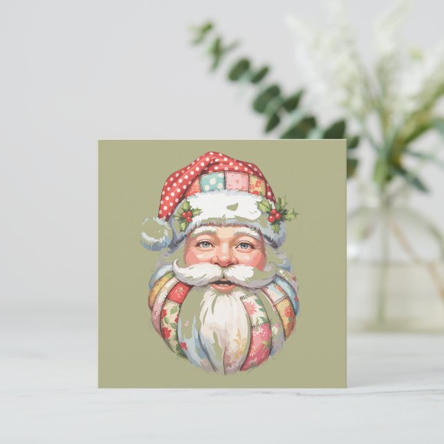 Patchwork Santa Claus Christmas Retro  Holiday Card (Standing Front)