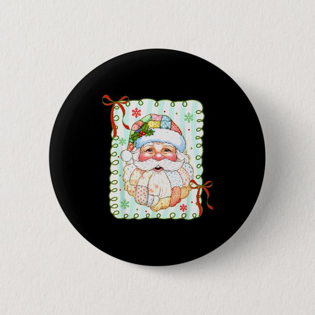 Patchwork Santa Claus Face Coquette Merry Christma Button (Front)