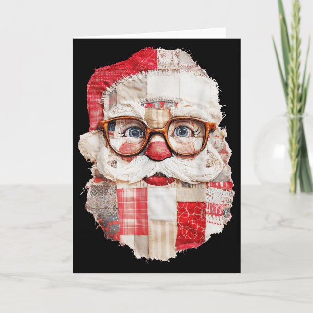 Patchwork Santa Claus Face Preppy Girly Christmas  Card (Front)