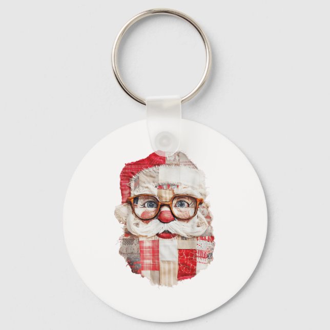 Patchwork Santa Claus Face Preppy Girly Christmas  Keychain (Front)