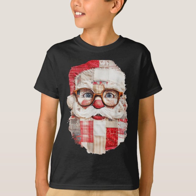 Patchwork Santa Claus Face Preppy Girly Christmas  T-Shirt (Front)