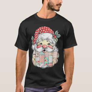 Patchwork Santa Claus Face Vintage Merry Christmas T-Shirt
