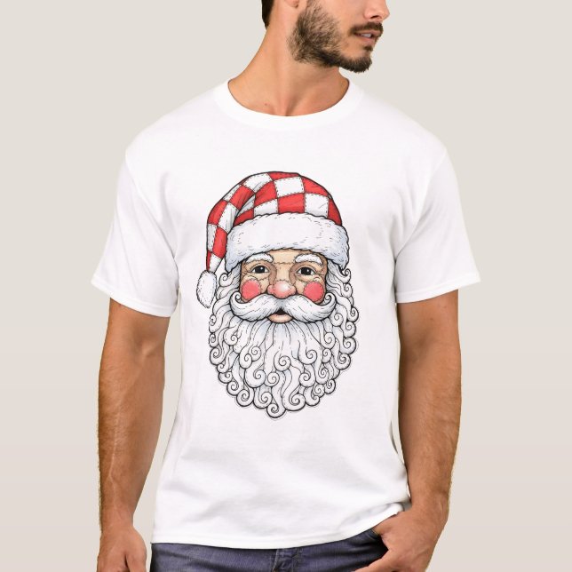 Patchwork Santa Face Doodle Art Pen and Ink Style T-Shirt (Front)