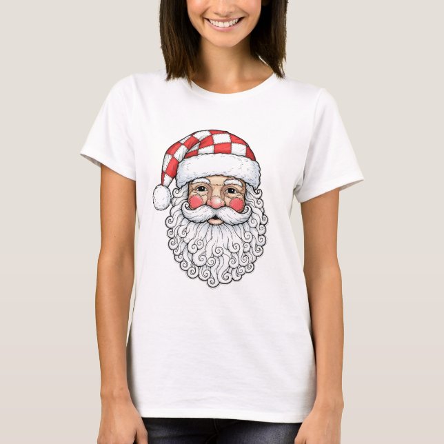 Patchwork Santa Face Doodle Art Pen and Ink Style T-Shirt (Front)