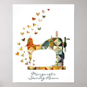 Patchwork Sewing Machine Hearts Poster