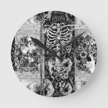 Patchwork  Skull Collage Round Clock by KPattersonDesign at Zazzle