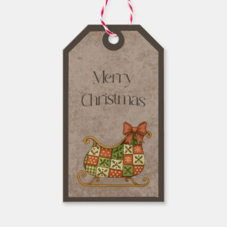 Patchwork Sleigh in Christmas Colors Gift Tag