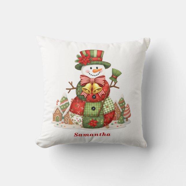 Patchwork Snowman Christmas Throw Pillow (Front)