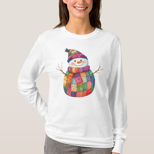 Patchwork Snowman Colorful Winter Christmas  T-Shirt (Front)
