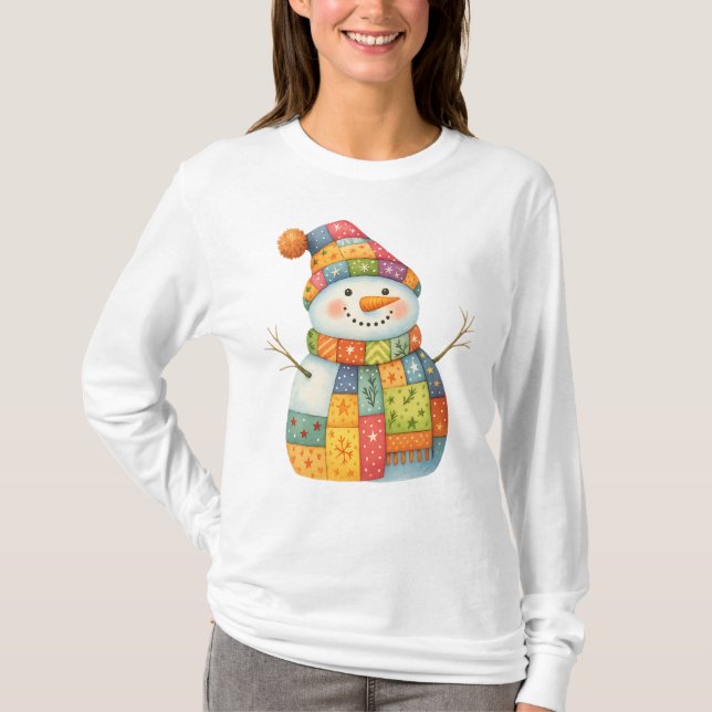 Patchwork Snowman Colorful Winter Christmas T-Shirt (Front)