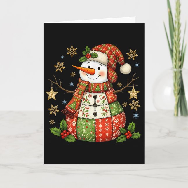 Patchwork Snowman Preppy Girly Christmas Xmas Holi Card (Front)