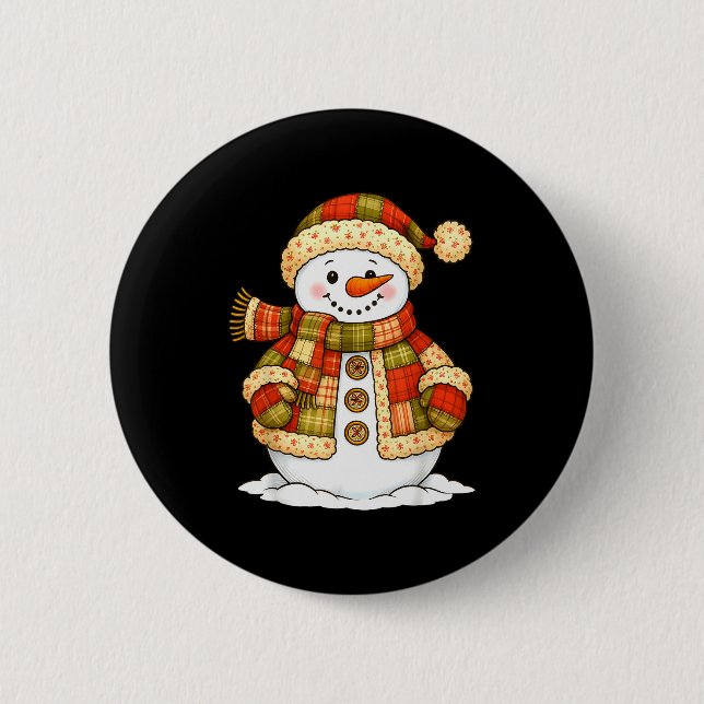Patchwork Snowman Retro Funny Snowman Holiday Chri Button (Front)