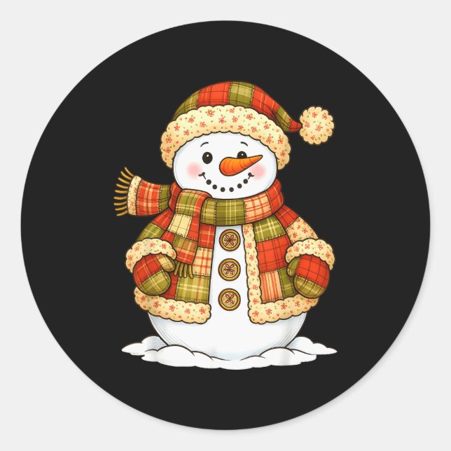 Patchwork Snowman Retro Funny Snowman Holiday Chri Classic Round Sticker (Front)