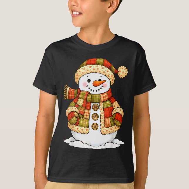 Patchwork Snowman Retro Funny Snowman Holiday Chri T-Shirt (Front)