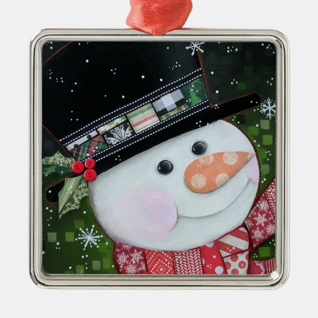 Patchwork Snowman Square Pewter Ornament (Front)