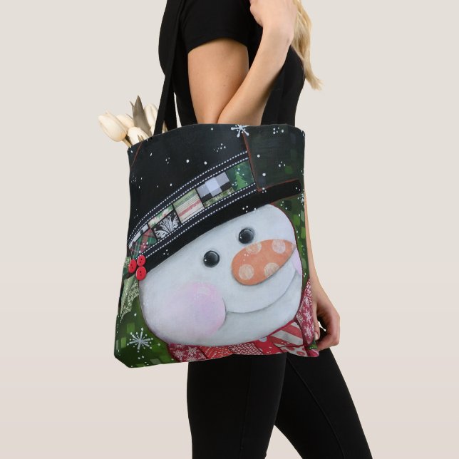 Patchwork Snowman Tote Bag (Close Up)