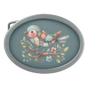 Patchwork Songbird on Blooming Branch Belt Buckle