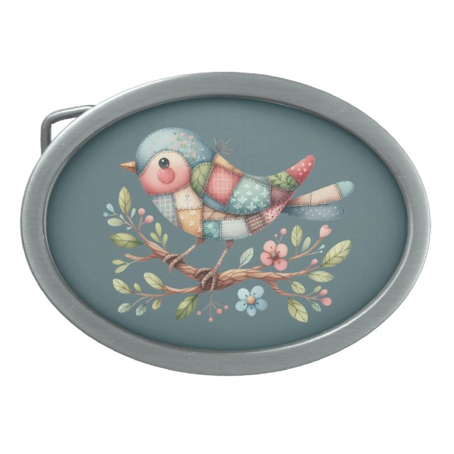 Patchwork Songbird on Blooming Branch Belt Buckle (Front)