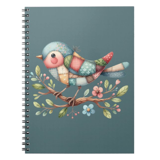 Patchwork Songbird on Blooming Branch Notebook (Front)