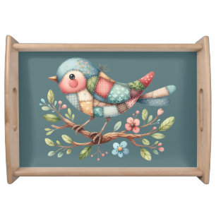 Patchwork Songbird on Blooming Branch Serving Tray