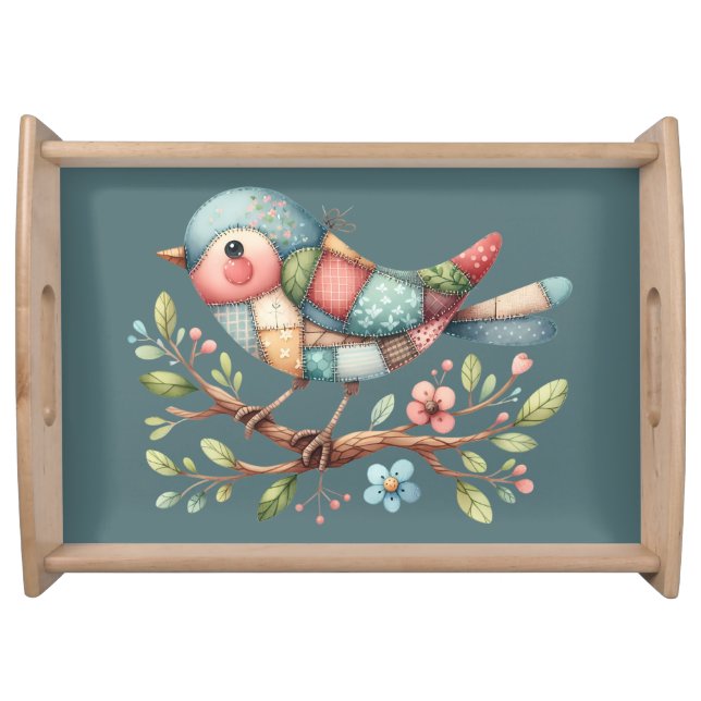 Patchwork Songbird on Blooming Branch Serving Tray (Front)