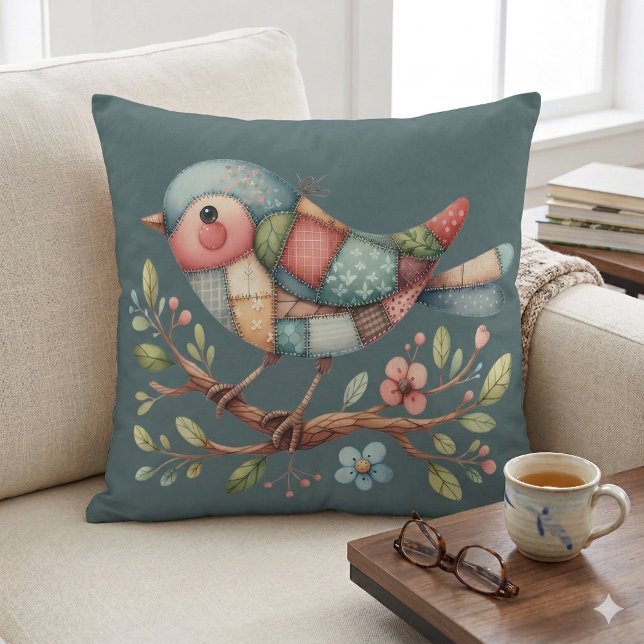 Patchwork Songbird on Blooming Branch Throw Pillow (Patchwork Songbird on Blooming Branch Throw PilloW Mockup A)