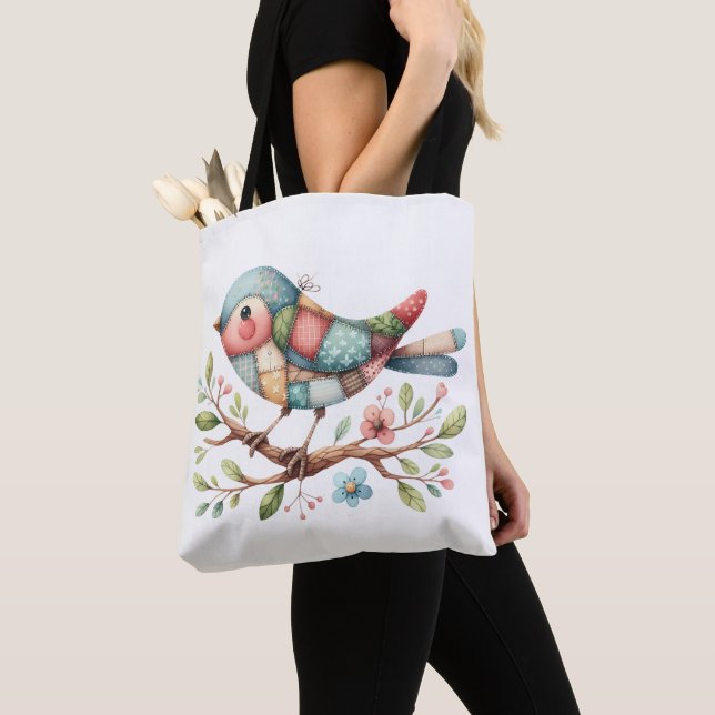 Patchwork Songbird on Blooming Branch Tote Bag (Close Up)