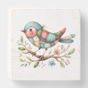 Patchwork Songbird on Blooming Branch Wooden Box Sign