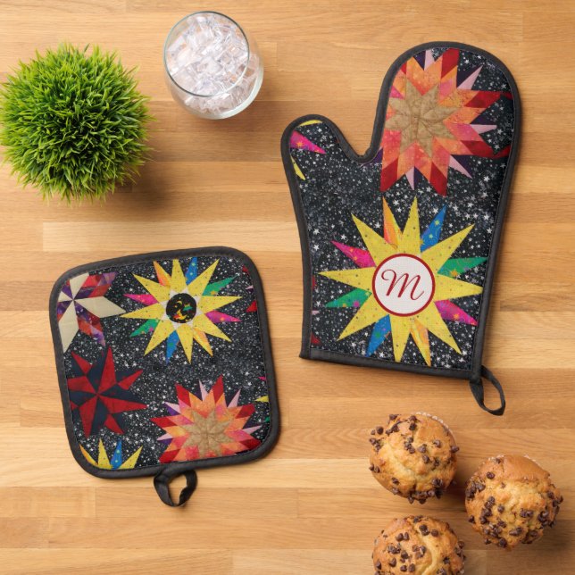 Patchwork Star Quilt Pattern Oven Mitt & Pot Holder Set (Top Down)