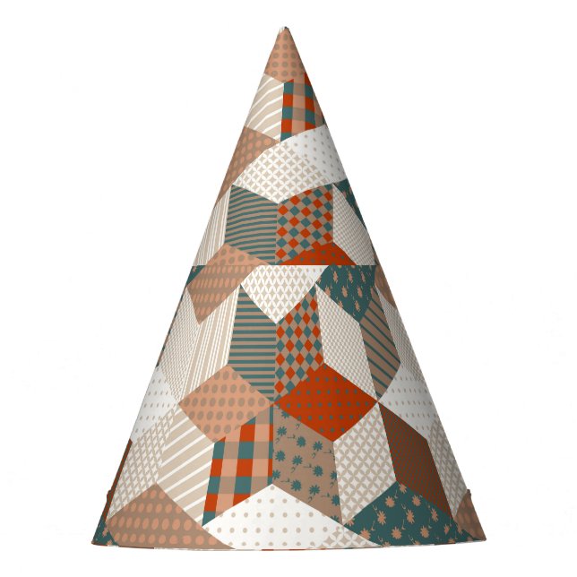 Patchwork Stars Vintage Brown Green Party Hat (Front)