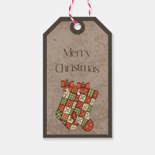 Patchwork Stockings in Christmas Colors Gift Tag