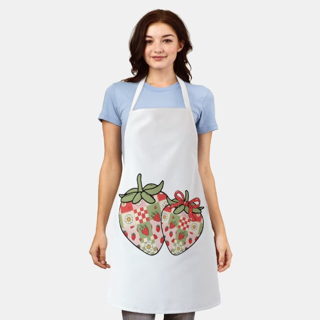 Patchwork Strawberry Hearts Cute Coquette Art Apron (Worn)