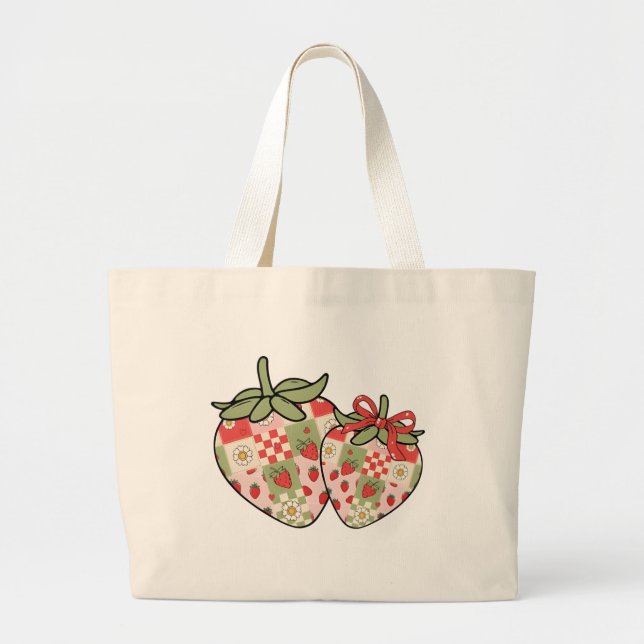 Patchwork Strawberry Hearts Cute Coquette Art Large Tote Bag (Front)