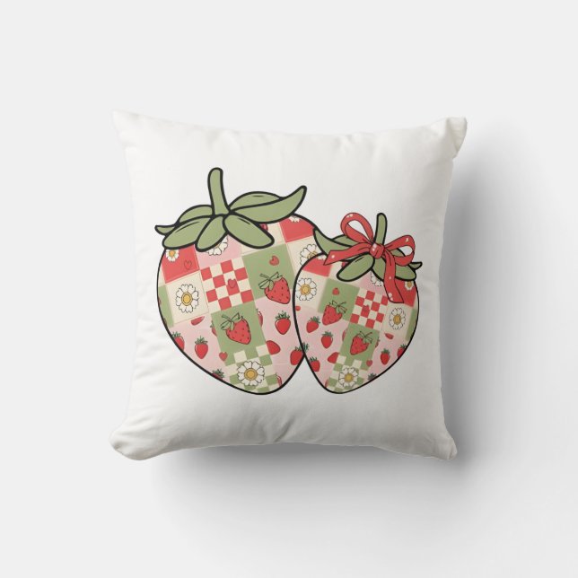 Patchwork Strawberry Hearts Cute Coquette Art Throw Pillow (Front)