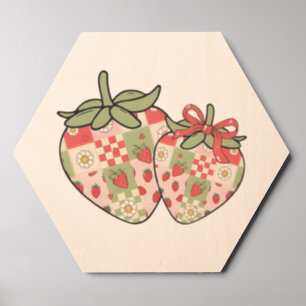 Patchwork Strawberry Hearts Cute Coquette Art Wood Photo Tile