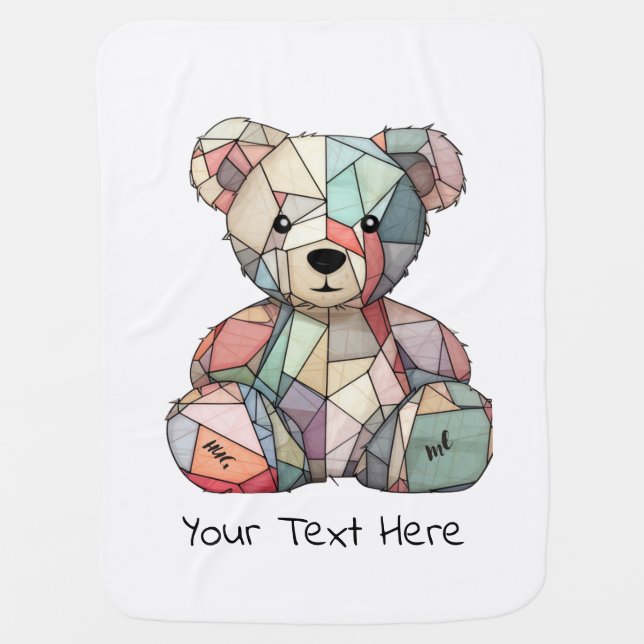 Patchwork Style Baby Bear & Heart Motif  Baby Blanket (Front)