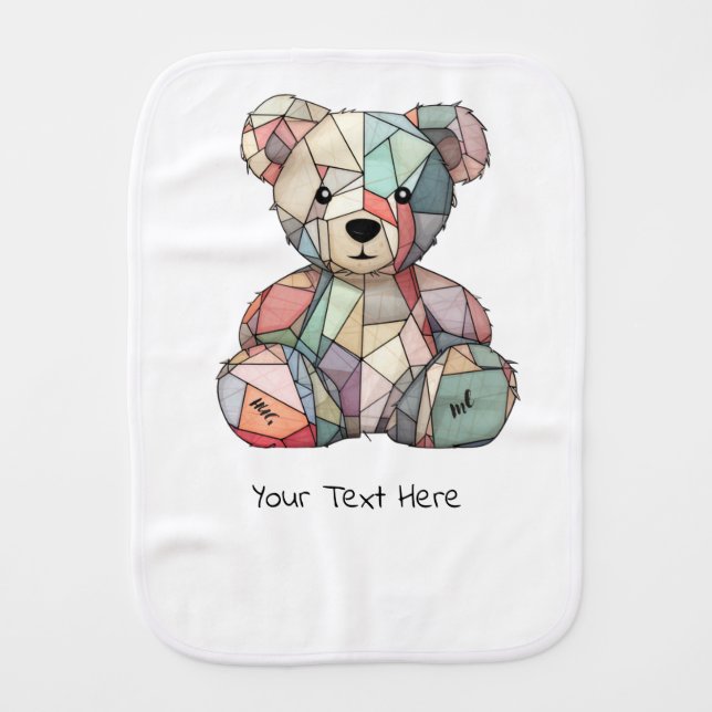 Patchwork Style Baby Bear & Heart Motif  Baby Burp Cloth (Front)