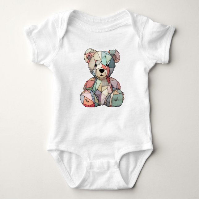 Patchwork Style Baby Bear & Heart Motif  Bodysuit (Front)